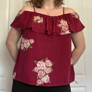 Burgundy floral off the shoulder blouse